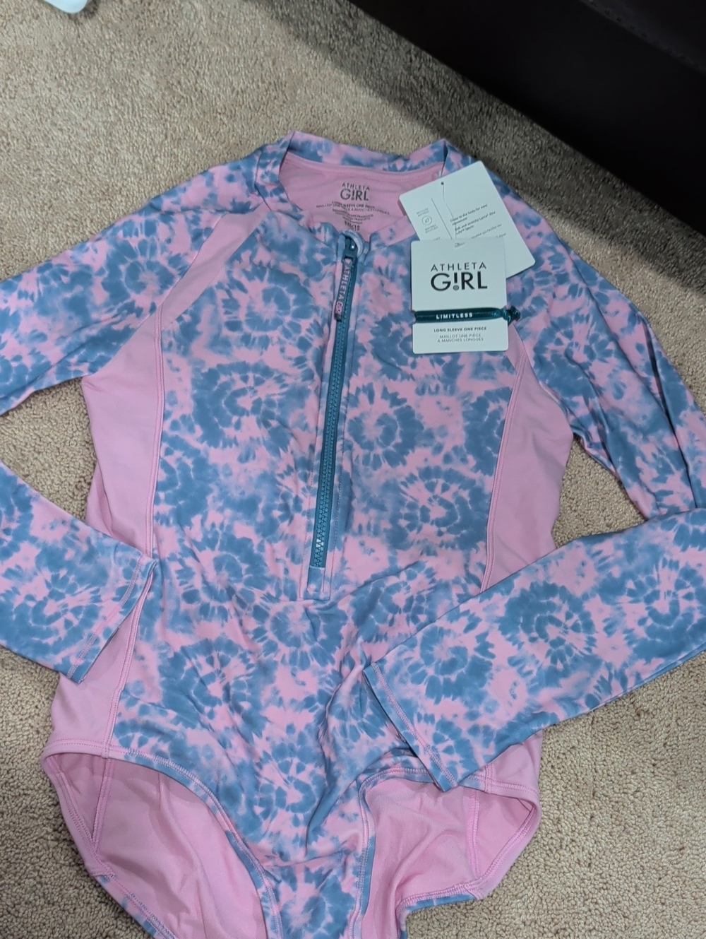 Athleta Girl Pink and Blue Tie-Dye Front-Zip Long-Sleeve Rashguard